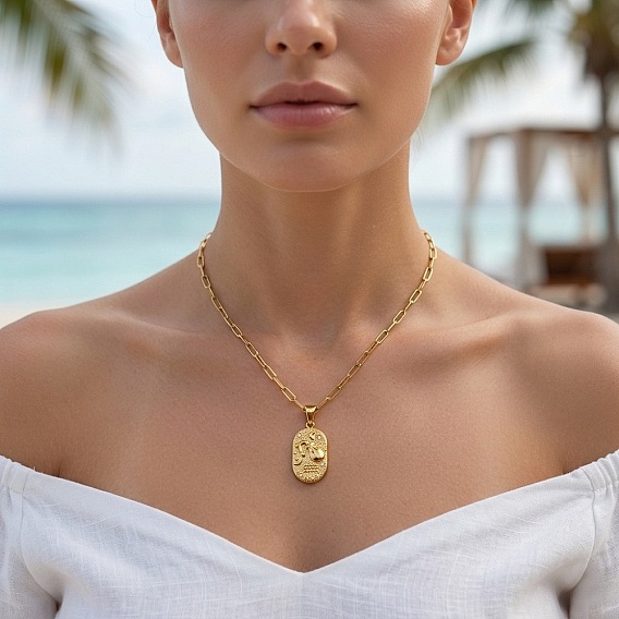 304 Collares con colgante de constelación del zodiaco de acero inoxidable y cadena tipo clip, real 18 k chapado en oro