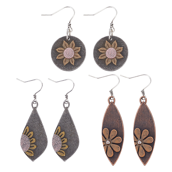 3 пары 3 стильные серьги-подвески в виде цветка лотоса из сплава для женщин, плоский круглый, воздушный змей и конский глаз