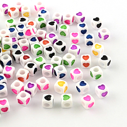 Opaque Acrylic European Beads, Large Hole Cube Beads, with Heart Pattern