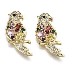 Hollow Brass Micro Pave Colorful Cubic Zirconia Pendants, Nickel Free, Parrot Shape