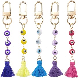 Evil Eye Lampwork Pendant Decorations, Polycotton Tassel and Swivel Clasps Charms for Bag Ornaments