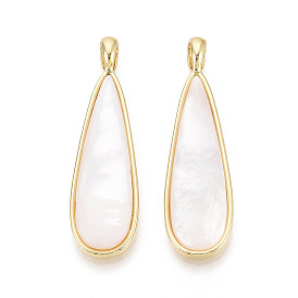 Pendentifs naturelles de coquillages blancs, charmes de larme, avec les supports de laiton, or, 40~40.5x11.5x3.5~4.5mm, Trou: 5x4mm