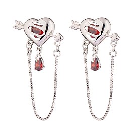 Siam Rhinestone Heart with Arrow Dangle Stud Earrings, Brass Tassel Drop Earrings for Women