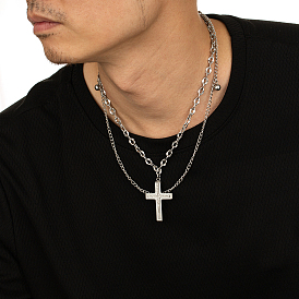 Stainless Steel Double Layer Cross Pendant Necklaces, Versatile Fashion Accessories