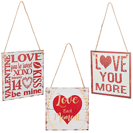 Valentine's Day Theme, Density Board Hanging Wall Decorations for Front Door Home Decoration, with Clasp and Jute Twine, Square with Word