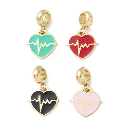 304 Stainless Steel European Dangle Charms, Large Hole Pendants, with Enamel, Heart & Heartbeat