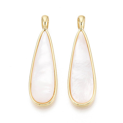 Pendentifs naturelles de coquillages blancs, charmes de larme, avec les supports de laiton, or, 40~40.5x11.5x3.5~4.5mm, Trou: 5x4mm