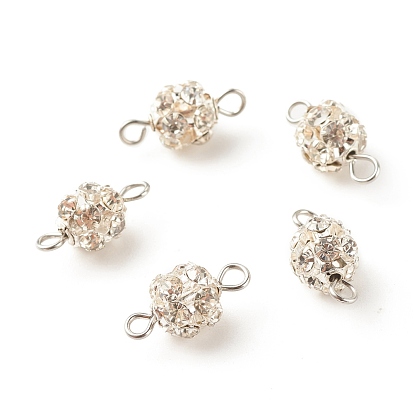 Brass Crystal Rhinestone Connector Charms, with 304 Stainless Steel Loops, Round