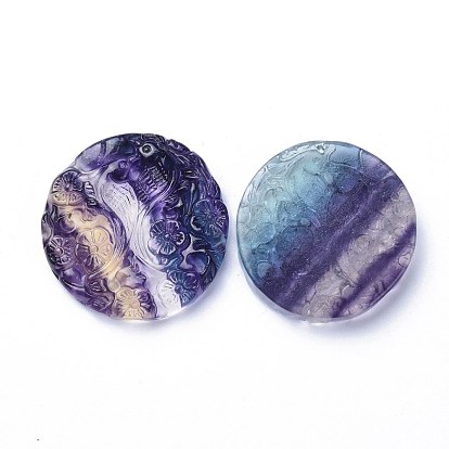 Carved Natural Fluorite Pendants, Round with Bird & Flower
