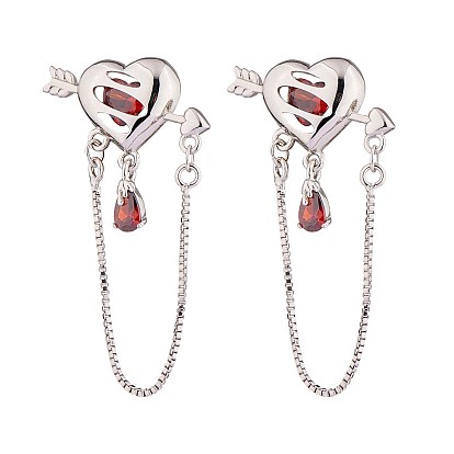 Siam Rhinestone Heart with Arrow Dangle Stud Earrings, Brass Tassel Drop Earrings for Women