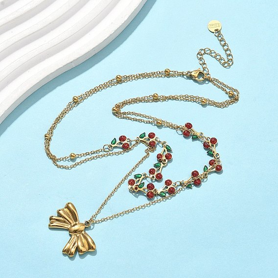 304 двухслойные ожерелья из нержавеющей стали с красной и зеленой эмалью в виде вишневого банта для женщин, ионное покрытие (ip)