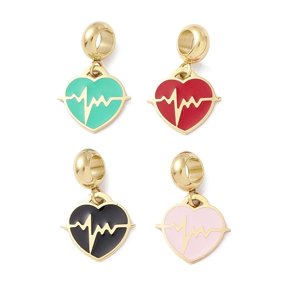 304 подвесные европейские подвески из нержавеющей стали, Подвески с большими отверстиями, с эмалью, сердце и сердцебиение