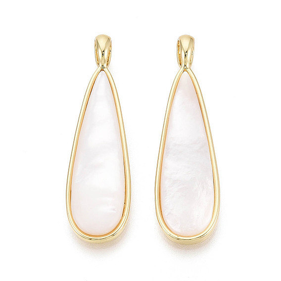 Natural White Shell Pendants, Teardrop Charms, with Brass Settings, Golden, 40~40.5x11.5x3.5~4.5mm, Hole: 5x4mm