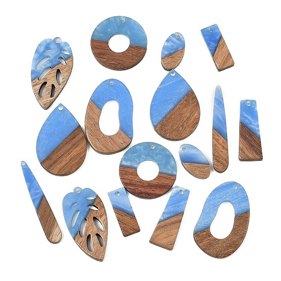 Walnut Wood & Opaque Resin Pendants, Mixed Shapes Charm, with Glitter Powder