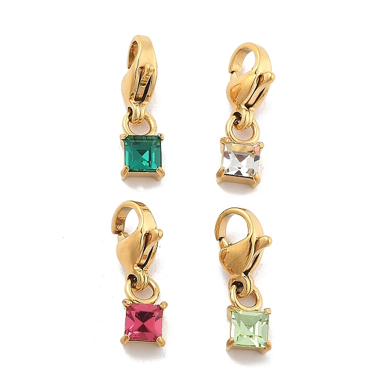 Квадратные 304 подвесные украшения из нержавеющей стали со стразами, украшения с застежкой в виде клешни лобстера, ионное покрытие (ip), реальный 14 k позолоченный