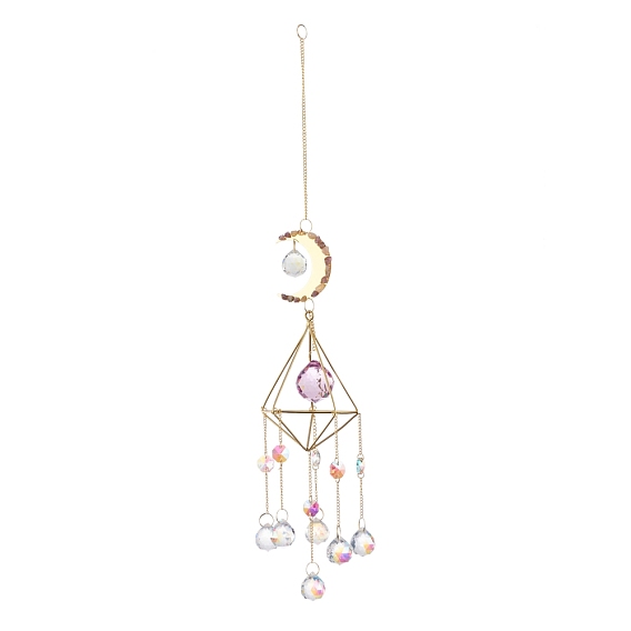 Moon Iron AB Color Chandelier Decor Hanging Prism Ornaments, with Faceted Glass Prism, for Home Window Lighting Decoration