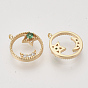 Brass Micro Pave Cubic Zirconia Charms, Real 18K Gold Plated, Flat Round with Star and Moon, Nickel Free