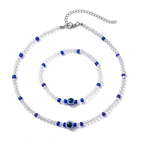 Ensemble de bijoux mauvais œil, bracelet extensible en résine et acrylique et collier de perles