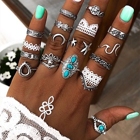 Boho Vintage Turquoise Flower Moon Star Joint Ring Set - 15 Pieces