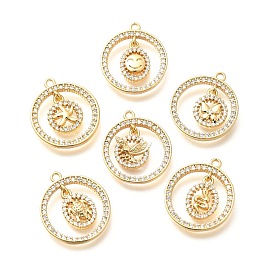 Brass Micro Pave Cubic Zirconia Pendants, Real 18K Gold Plated, Ring Charms