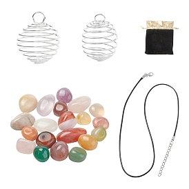 DIY Pendant Necklace Making Kits, Including 6Pcs 2 Style Round Iron Wire Pendants, 6Pcs Waxed Cotton Cord Necklace Making, Natural Multi-Color Agate Beads