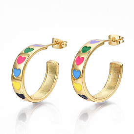 Colorful Enamel Heart Stud Earrings, Brass Half Hoop Earrings for Women, Nickel Free