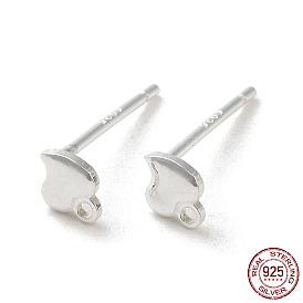 Heart 925 Sterling Silver Stud Earring Finddings, with Horizontal Loops, with S925 Stamp