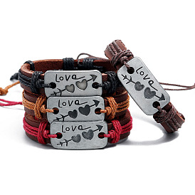 Adjustable Cowhide Cord Bracelets for Men, Antique Silver Tone Word Love Alloy Links Bracelets