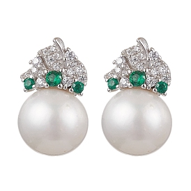 Natural Pearl Ear Studs, with Sterling Silver Micro Pave Cubic Zirconia Findings, Round