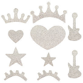 SUPERFINDINGS 7 Style Glitter Rhinestone, Iron on Patches, with Self-Adhesive, Dress Shoes Garment Decoration, Crown & Star & Heart & Eyelash & Guitar & Crown