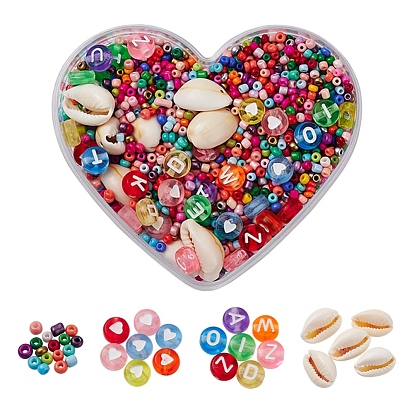 DIY Glass Seed Beads Jewelry Making Finding Kit, Including Mixed Style Glass Seed Beads, Letter Transparent Acrylic Beads, Natural Cowrie Shell Beads