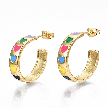 Colorful Enamel Heart Stud Earrings, Brass Half Hoop Earrings for Women, Nickel Free
