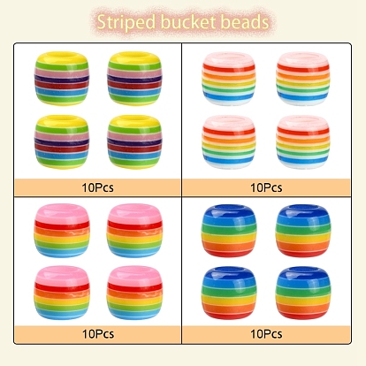 40Pcs 4 Colors Opaque Stripe Resin European Beads, Large Hole Beads, Barrel