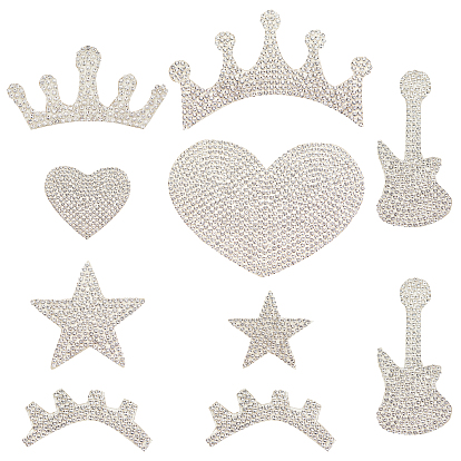 7 Style Glitter Rhinestone, Iron on Patches, with Self-Adhesive, Dress Shoes Garment Decoration, Crown & Star & Heart & Eyelash & Guitar & Crown