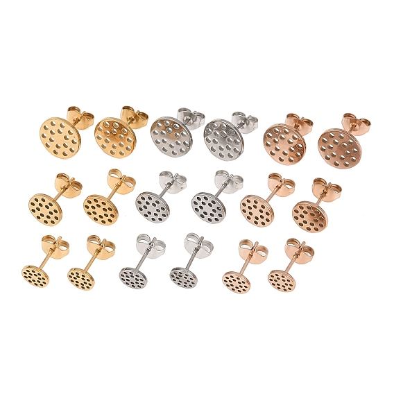 304 Фурнитура для сережек-гвоздиков из нержавеющей стали с ионным покрытием (IP), плоский круг с сотами