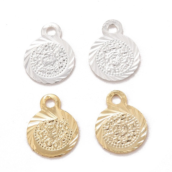 Rack Plating Eco-friendly Brass Charms, Lead Free & Cadmium Free, Long-Lasting Plated, Flat Round with Textured Pattern