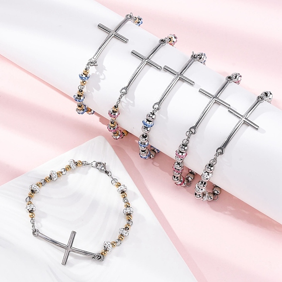 201 из нержавеющей стали ссылку цепи браслеты, с 304 застежками из нержавеющей стали и стразами из полимерной глины для женщин, крестик