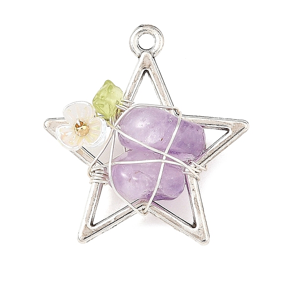 Natural Gemstone Chip Copper Wire Wrapped Pendants, Alloy Star Charms with Flower, Antique Silver & Silver