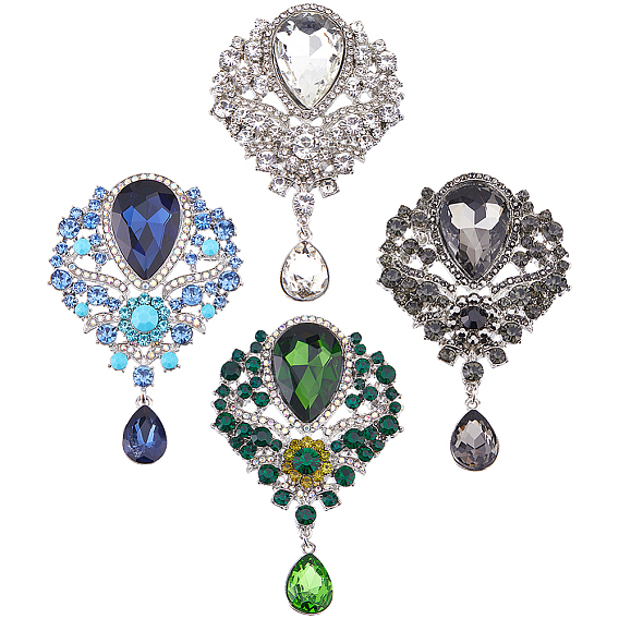 4Pcs 4 Colors Teardrop Zinc Alloy Rhinestone Brooches for Clothes, Platinum