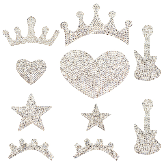 7 Style Glitter Rhinestone, Iron on Patches, with Self-Adhesive, Dress Shoes Garment Decoration, Crown & Star & Heart & Eyelash & Guitar & Crown