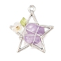 Natural Gemstone Chip Copper Wire Wrapped Pendants, Alloy Star Charms with Flower, Antique Silver & Silver