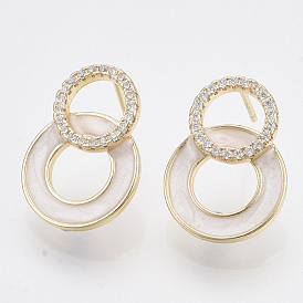 Brass Micro Pave Clear Cubic Zirconia Stud Earring Findings, with Enamel and Loop, Nickel Free, Ring