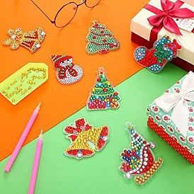 Christmas Theme Mixed Shapes DIY Diamond Painting Keychain Kits, Including Acrylic Boards, Keychain Clasps, Ball Chains, Resin Rhinestones, Diamond Sticky Pens, Tray Plates and Glue Clay