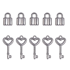 10Pcs 2 Styles 304 Stainless Steel Pendants, Heart Key with Pad Lock