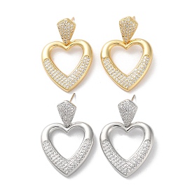Brass Pave Cubic Zirconia Stud Earrings, Heart with Hollow Heart