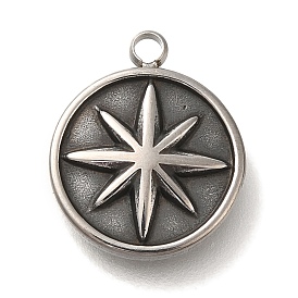 304 Stainless Steel Charms, Flat Round with Star Charm