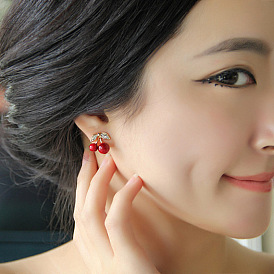 Sparkling Cherry Stud Earrings with Rhinestone Accents - Elegant Ear Jewelry
