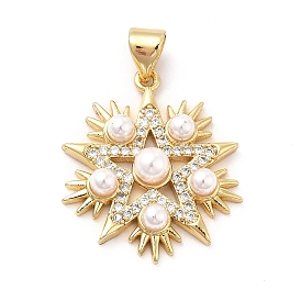 Brass Micro Pave Clear Cubic Zirconia Pendants, with ABS Plastic Imitation Pearl, Golden, Star Charm