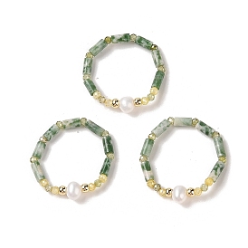 Natural Moss Agate Stretch Rings, Round Natural Freshwater Pearls & Brass Beads Ring for Women