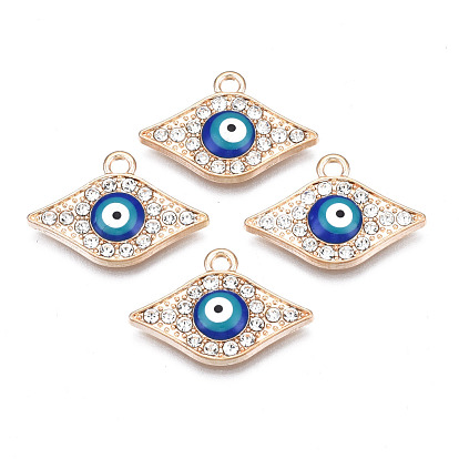 Alloy Enamel Pendants, with Crystal Rhinestone, Light Gold, Cadmium Free & Lead Free, Evil Eye Charms